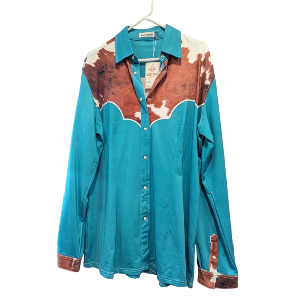 RANCH DRESS'N Fallon Taylor "Cowhide & Teal" Performance Rodeo Cowgirl shirt 3XL - Picture 7 of 12